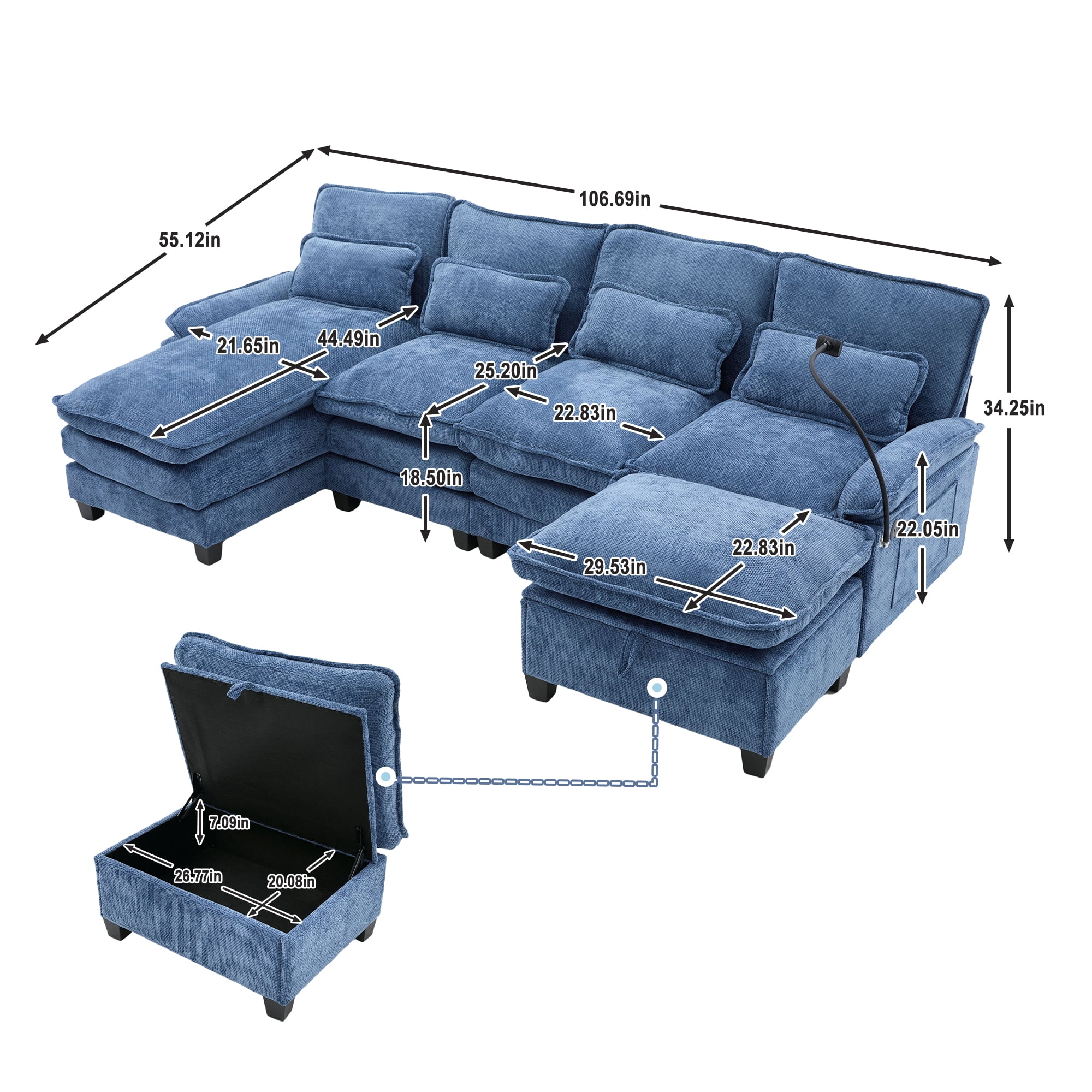 MOONMISS Chenille Upholstered Oversized U-shaped Comfy Modular Sectional Sofa with Storage Ottoman-Navy Blue