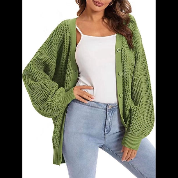 Suéteres Tipo Cárdigan para Mujer, de Larga, con Botones y Gran Tamaño, de Punto. Verde Petróleo L