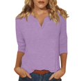 thumbnail image 2 of DENGDENG 3/4 Shirts for Women Elbow Sleeve Casual Tshirts Loose V Neck Summer Tops Petite Three Quarter Length Blouses Petite Work Tunics Light Purple XXL, 2 of 6
