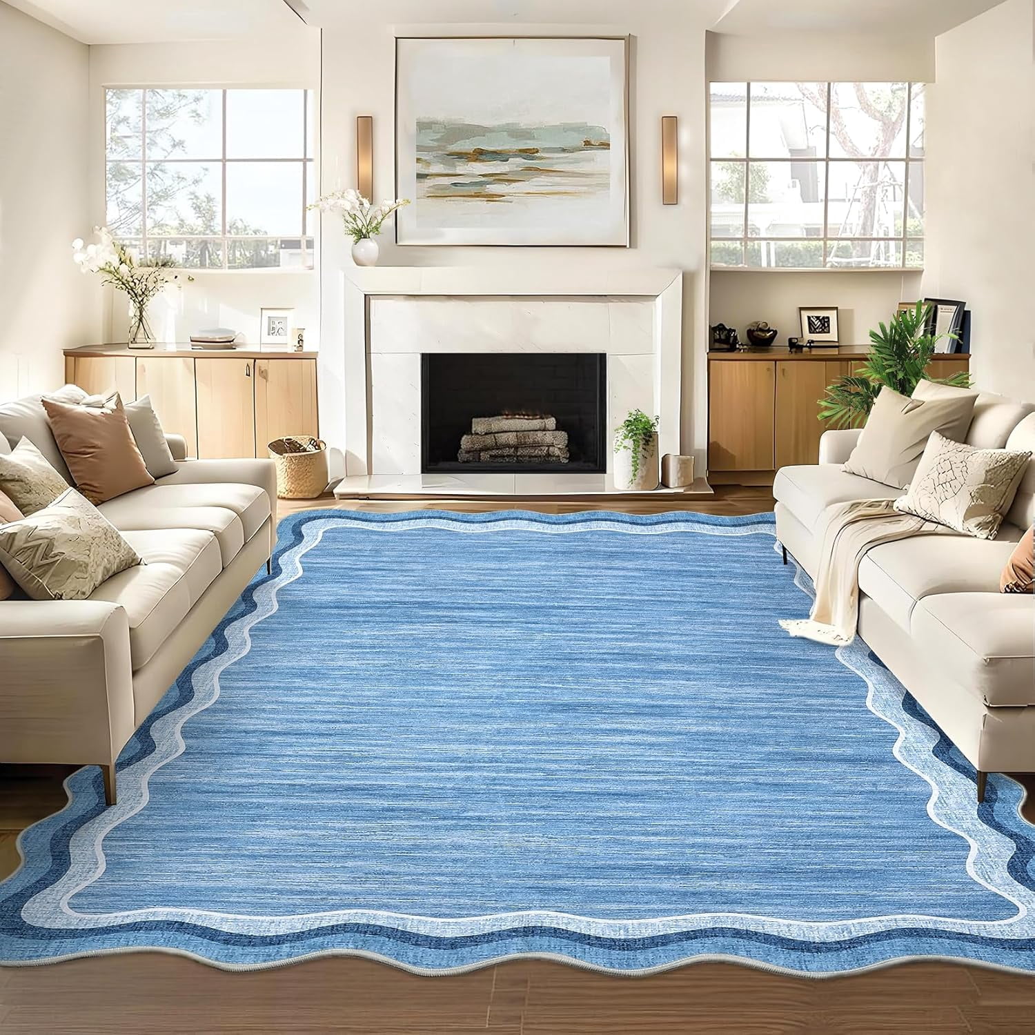 Living Room Rug 8x10 Modern Plain Carpet Washable Area Rug Stain Resistant Easy to Clean Carpet Non Slip Low Pile Floor Cover for Bedroom Playroom Nursery Apatrtment,Blue