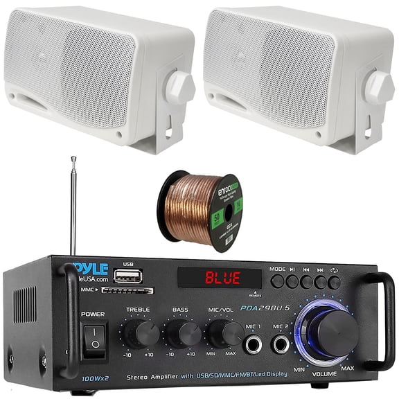 Pyle PDA29BU.6 Bluetooth USB/SD/FM Compact Power Stereo Home Audio Amplifier Receiver, 2x Pyle PLMR24 3.5'' 200W Max Power 3-Way Weather Proof Mini Box White Speakers, 50 Feet 16 Gauge Speaker Wire
