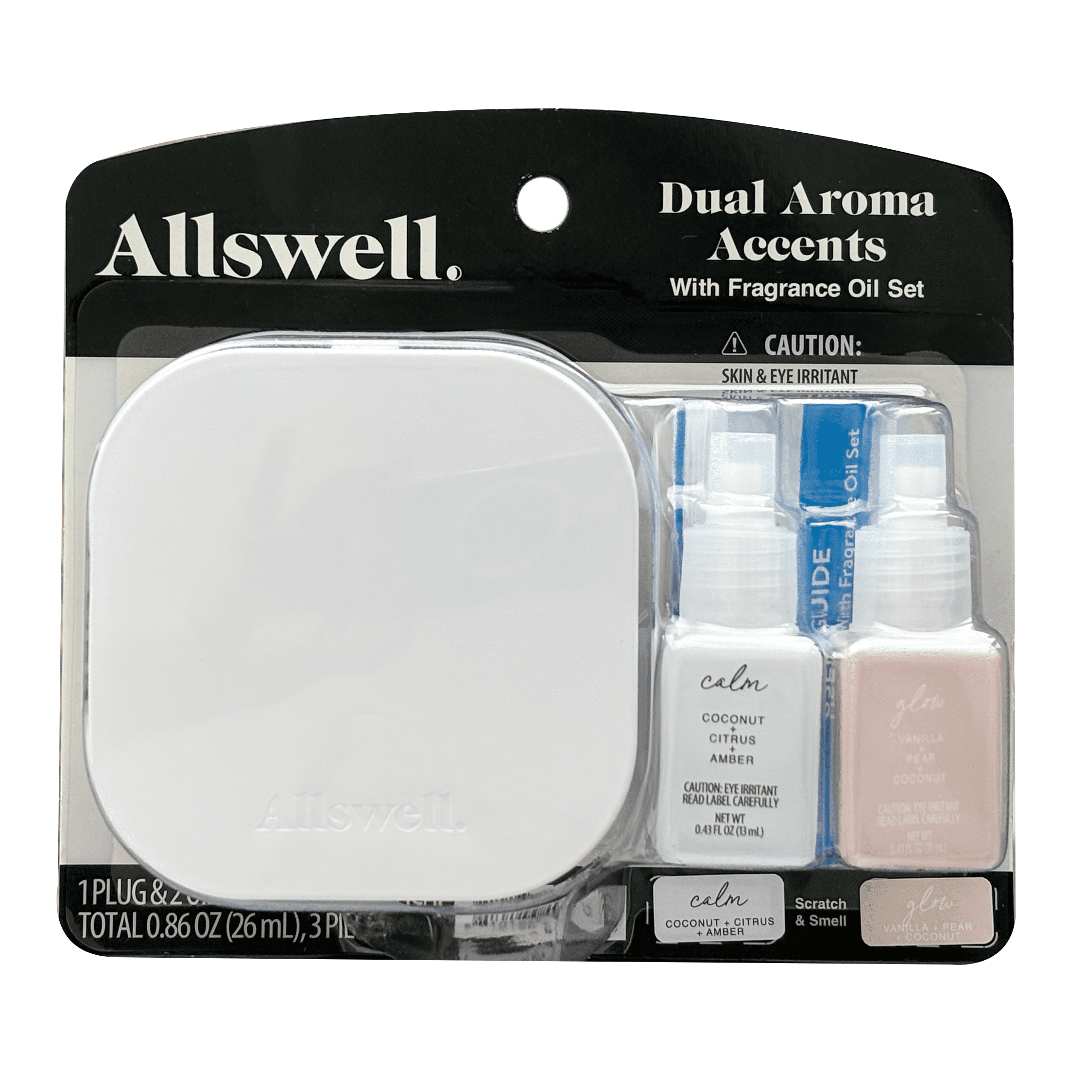 Allswell Dual Plug In Bundle with 2 Oils, Calm & Glow (Coconut + Citrus + Amber & Vanilla + Pear + Coconut) + Allswell Glow (Vanilla + Pear + Coconut) Scented 2-Wick Spa Jar Candle 15oz