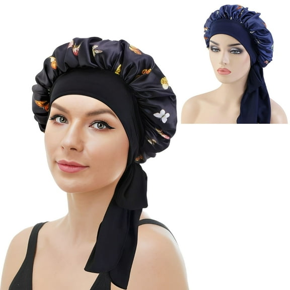 DODAMOUR 2 Pack Satin Bonnet for Women, Adjustable Sleep Bonnet with Tie Band, Cute Printed Butterfly Bonnet Night Sleep Caps Hair Sleeping Cap (Black, Navy Blue)