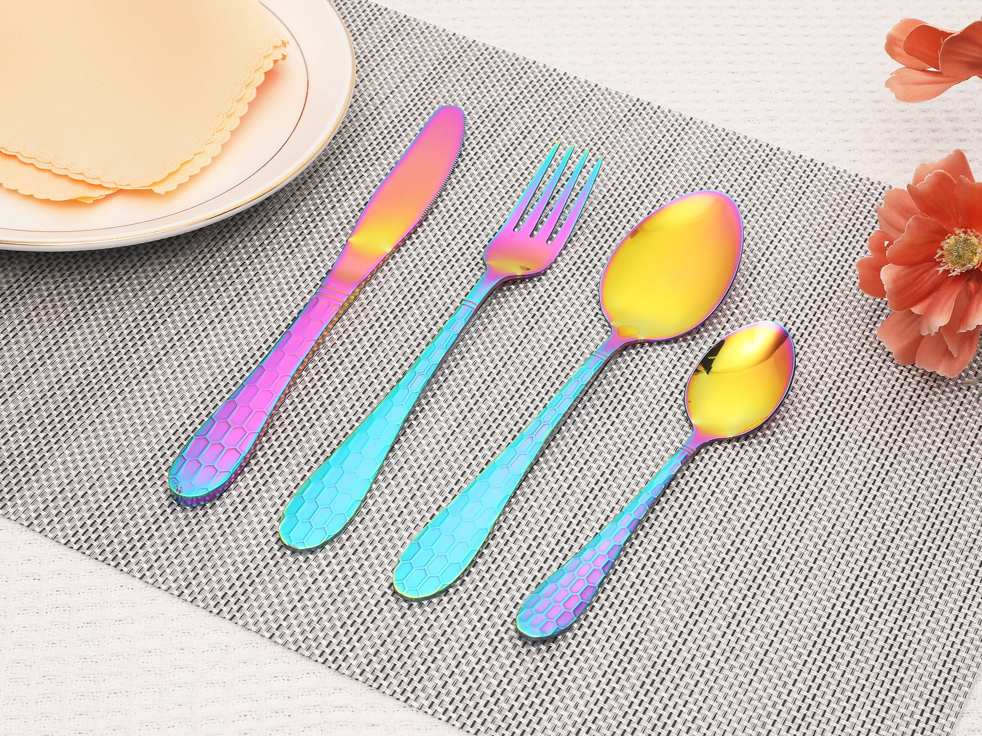 Unique Bargains 16 Pieces Stainless Steel Flatware Set Colorful