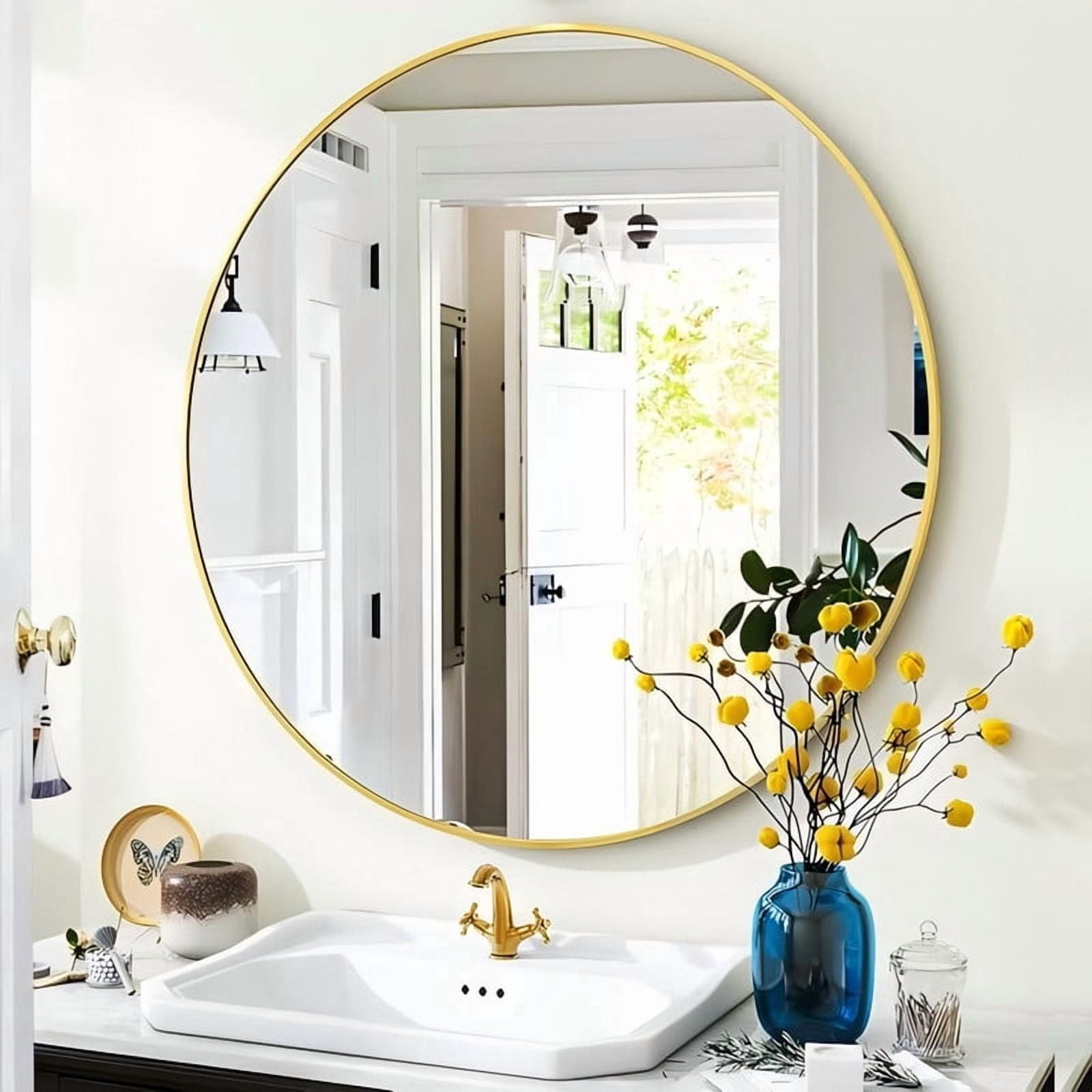 GRAHMCY 30" Round Bathroom Mirror Modern Circle Mirror leaning or Wall Mounted, Gold