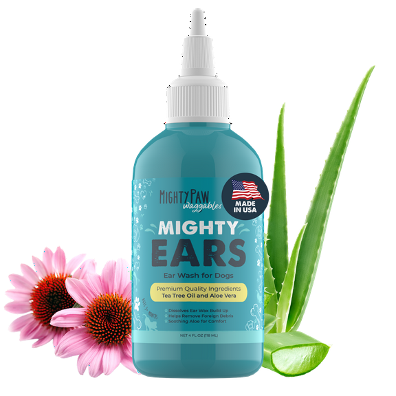 Mighty Paw Waggables Dog Ear Wash - 4 oz (Made in USA) | Dog Ear Cleaner Solution. Dog Ear Wash Cleaner Aloe Vera Dog Ear Drops. Liquid Ear Cleaner for Dogs. For Itchy Ears, Yeast & Healthy Ear Canals