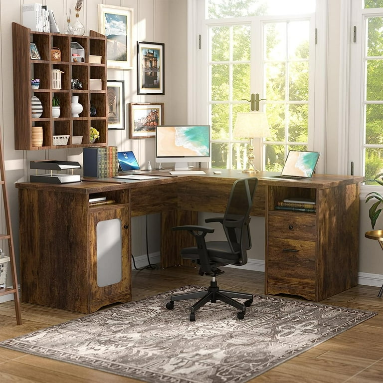 L Shaped Desk with Drawers, Corner Computer Desks with Power Outlets and  USB Charging Ports, Large