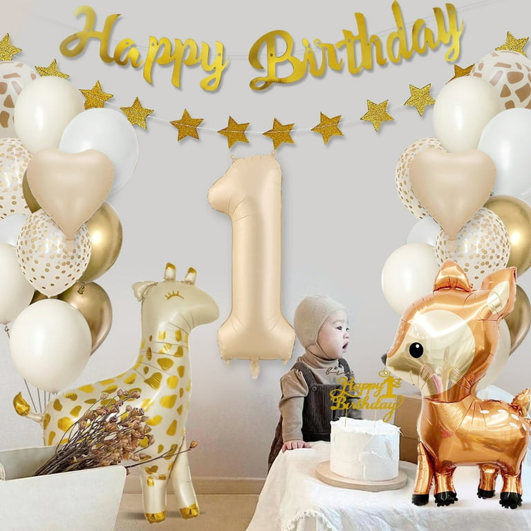 Woodland Birthday Decorations, Neutral First Birthday Decorations Woodland  Animals Balloons Cake Topper Number 1 Balloon Beige White Gold Balloons for