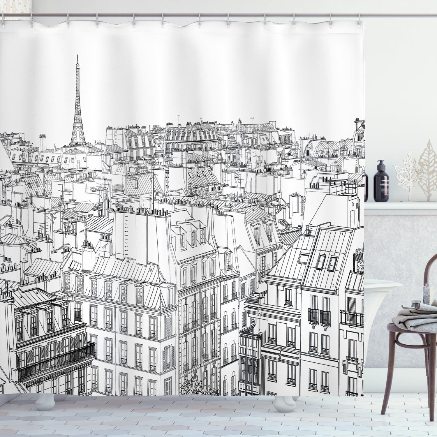 Paris Shower Curtain, Architecture Theme Design Illustration of Roofs in Paris and Eiffel Tower