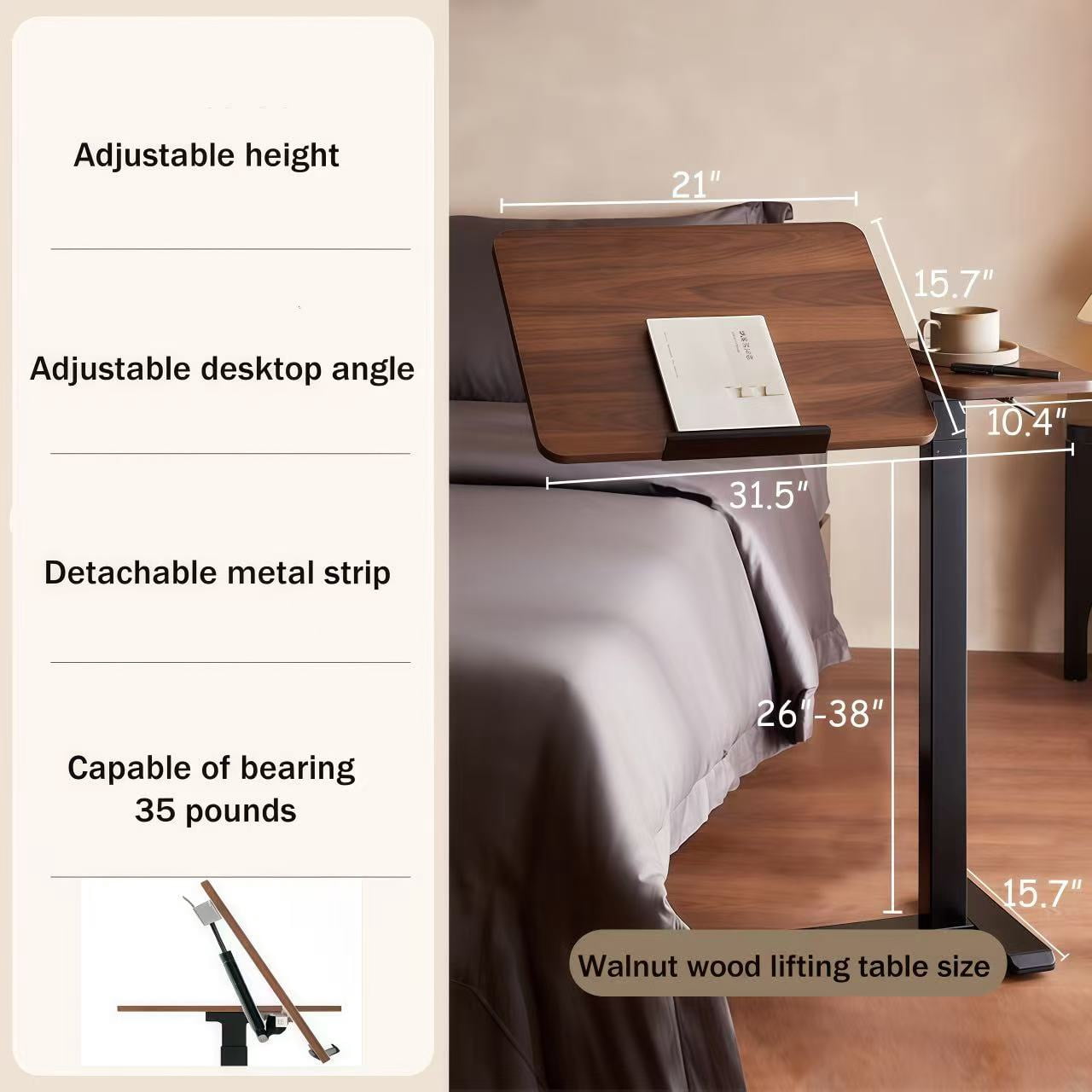 Leumius Adjustable Overbed Bedside Table With Wheels,Mobile Rolling Laptop Stand Tilting Tray Table for Bed,Sofa,Hospital,Walnut