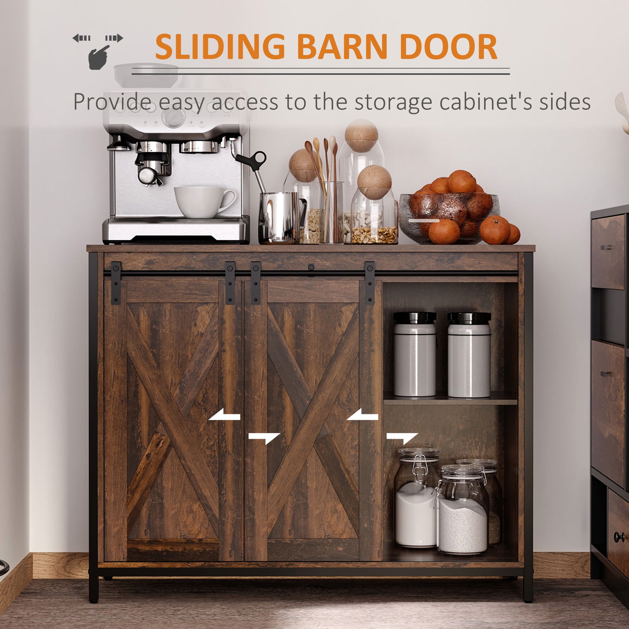 HOQBN Buffet Cabinet, Farmhouse Kitchen Sideboard Storage Credenza with Sliding Barn Doors, Multipurpose Storage Furniture for Dining Room, Living Room and Hallway, Brown