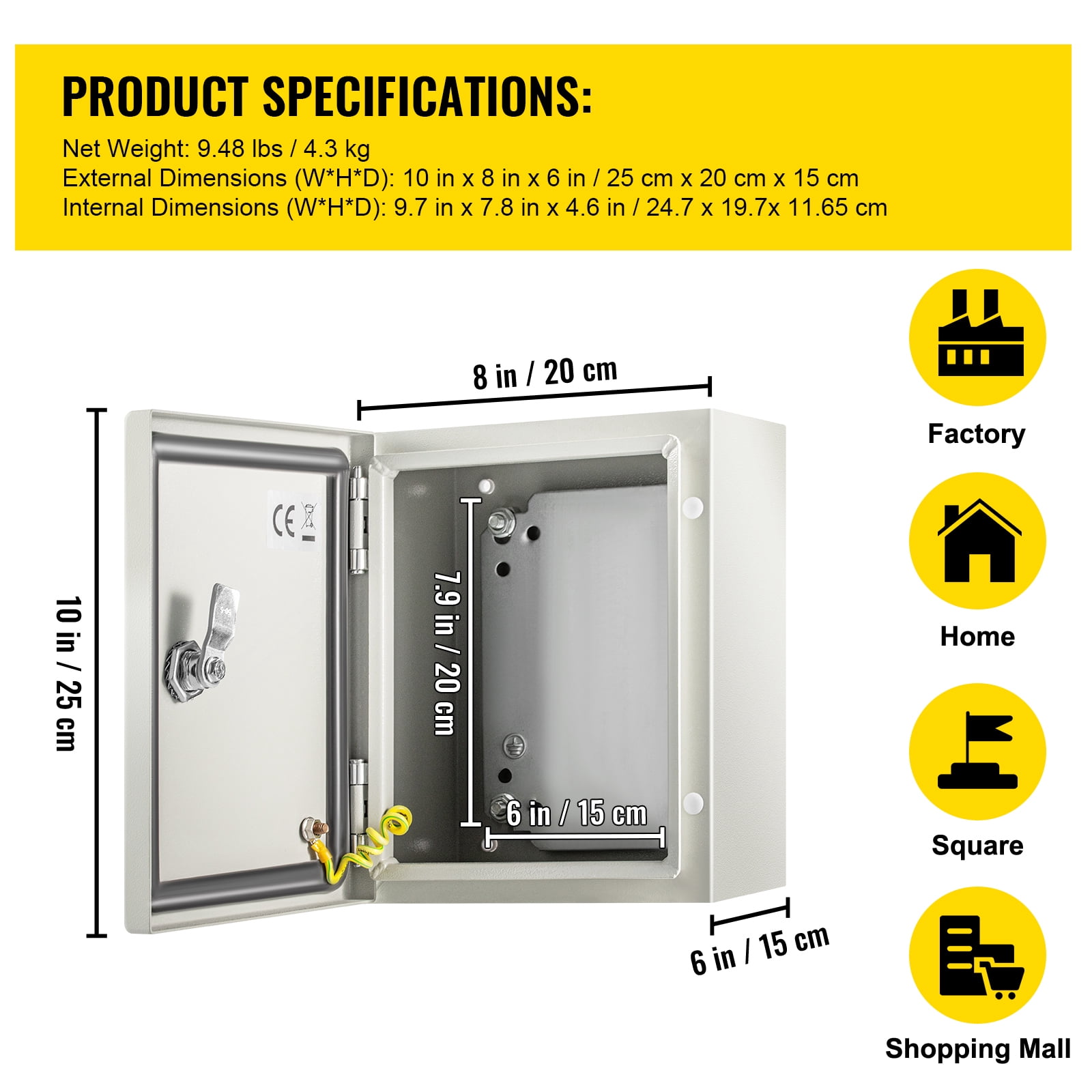 KFFKFF Steel Electrical Box 10” x 8” x 6” Electrical Enclosure Box, Carbon Steel Hinged Junction Box, IP65 Weatherproof Metal Box
