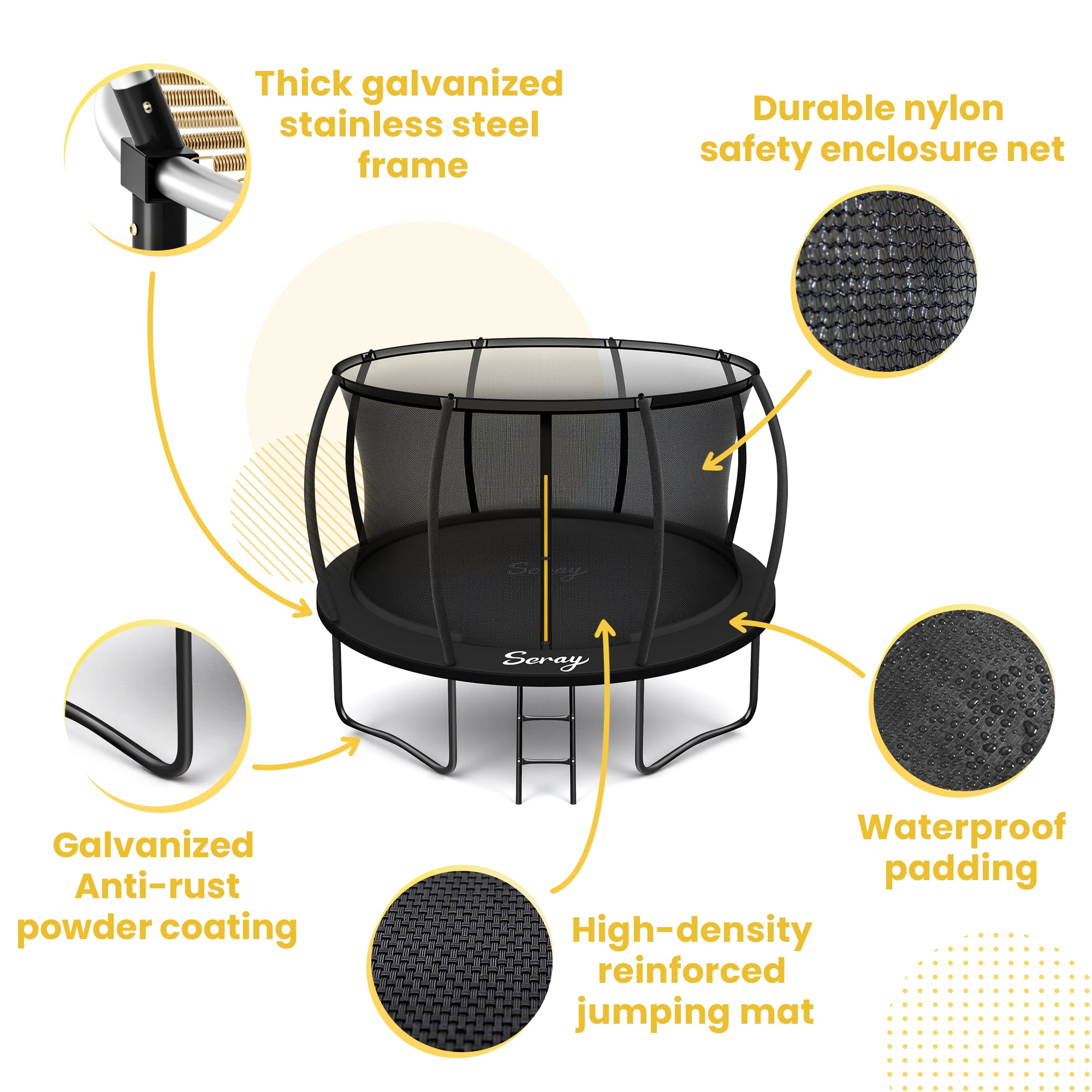 SERAY 10FT, 12FT, 14FT Outdoor Trampoline with Safety Enclosure Net, Ladder and Rust-Resistant Frame, ASTM Certified Backyard Trampoline for Kids and Adults