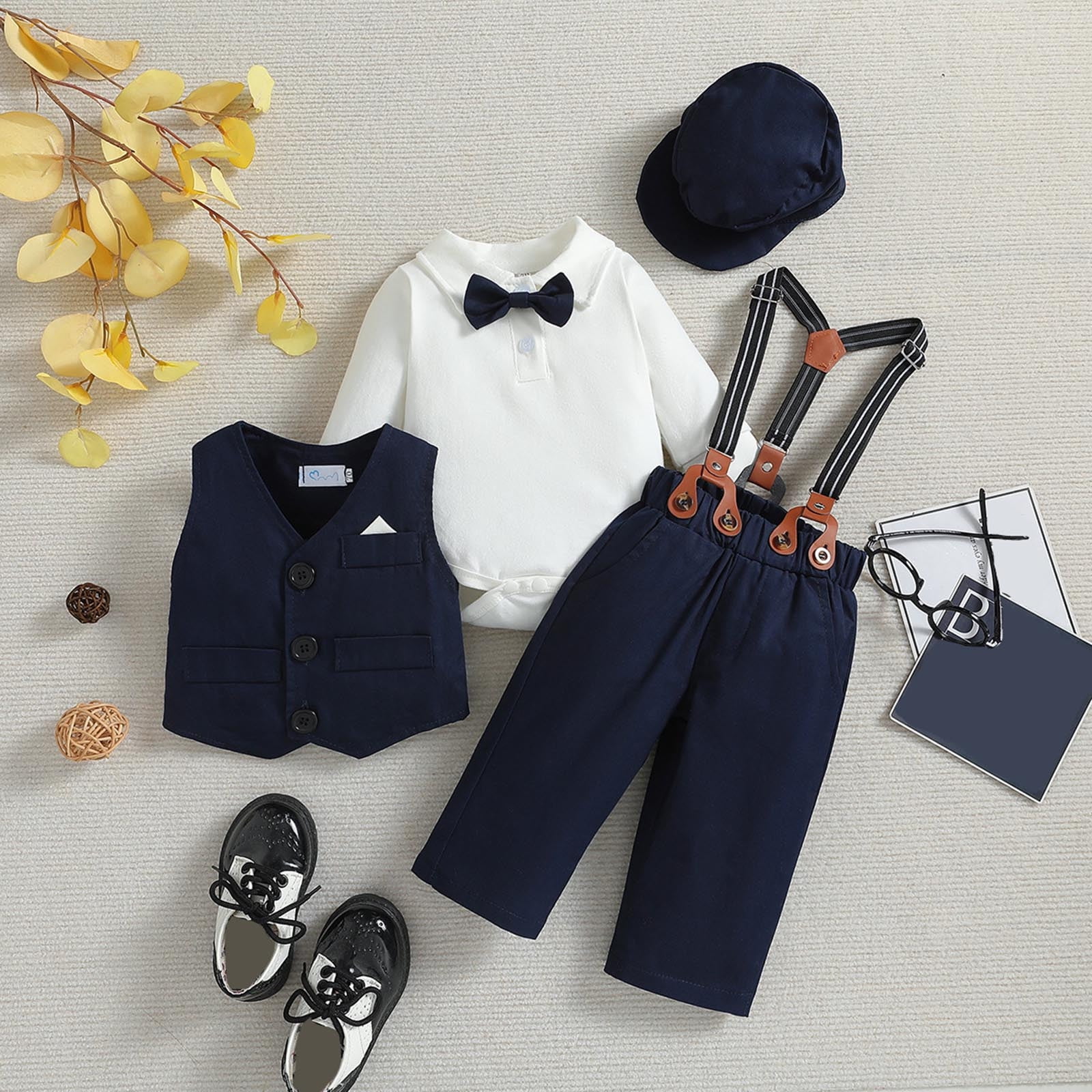Kids Toddler Baby Boys Spring Autumn Print Long Sleeve Pants Romper Bodysuit Vest Hat Outfits 4Pc Suit Clothes Cute Comfy Stylish Set