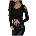 thumbnail image 2 of Tbopshirt Tops for Women,Women Strapless Lace Long Sleeve Stitching Lace Hollow Bottoming Shirt Top Shirt, 2 of 5