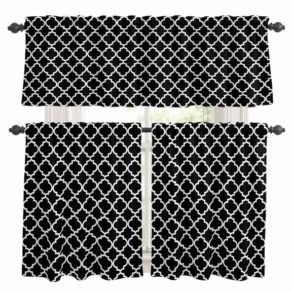 Black Morocco Kitchen Curtains Sets for Windows 36 Inch Length, Boho Modern Minimalist Abstract Geometric Rod Pocket Window Treatments Tier Curtains and Valances Set for Bedroom/Bathroom