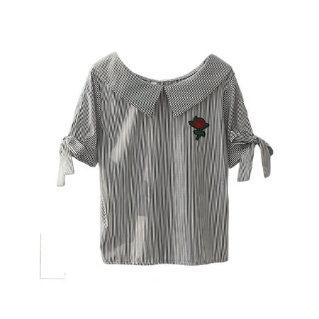 Collar Bowknot Stripe - Women Casual Bowknot Sleeve Peter Pan Collar Shirt Blouse