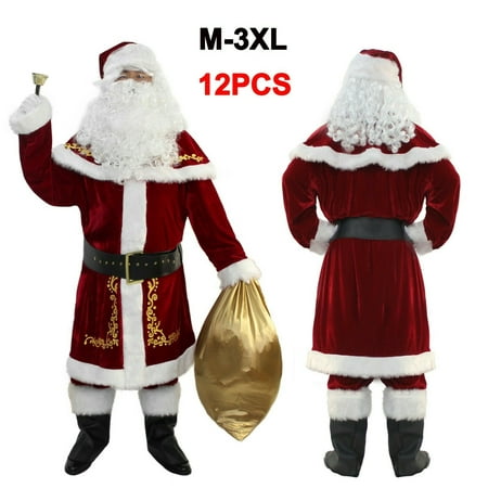 Men's Santa Claus Costume 12PCS. Christmas Velvet Adult Deluxe Santa Suit -L