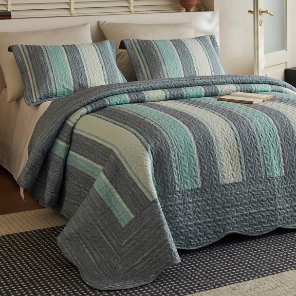 Modern Striped Quilt Bedspread Set 3-Piece Lightweight Polyester Reversible All-Season Cozy Bedding