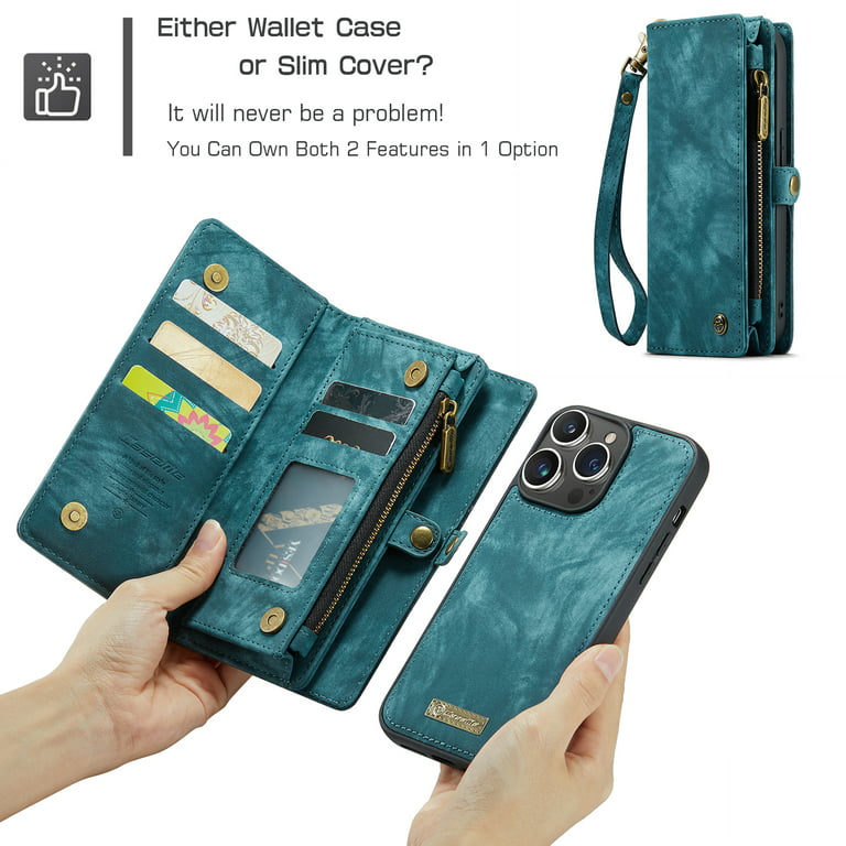 CaseMe iPhone 13 Pro Max Detachable Vintage Leather Multi-Functional Zipper  Wallet Case Black