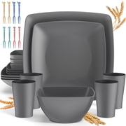 GPED 24 Pcs Wheat Straw Square Dinnerware Sets For 4, Unbreakable Dish Sets, Reusable Plates and Bowls Sets, Dinner Plates, Travel Camping Cutlery Set, Dishwasher Microwave Safe, Gray