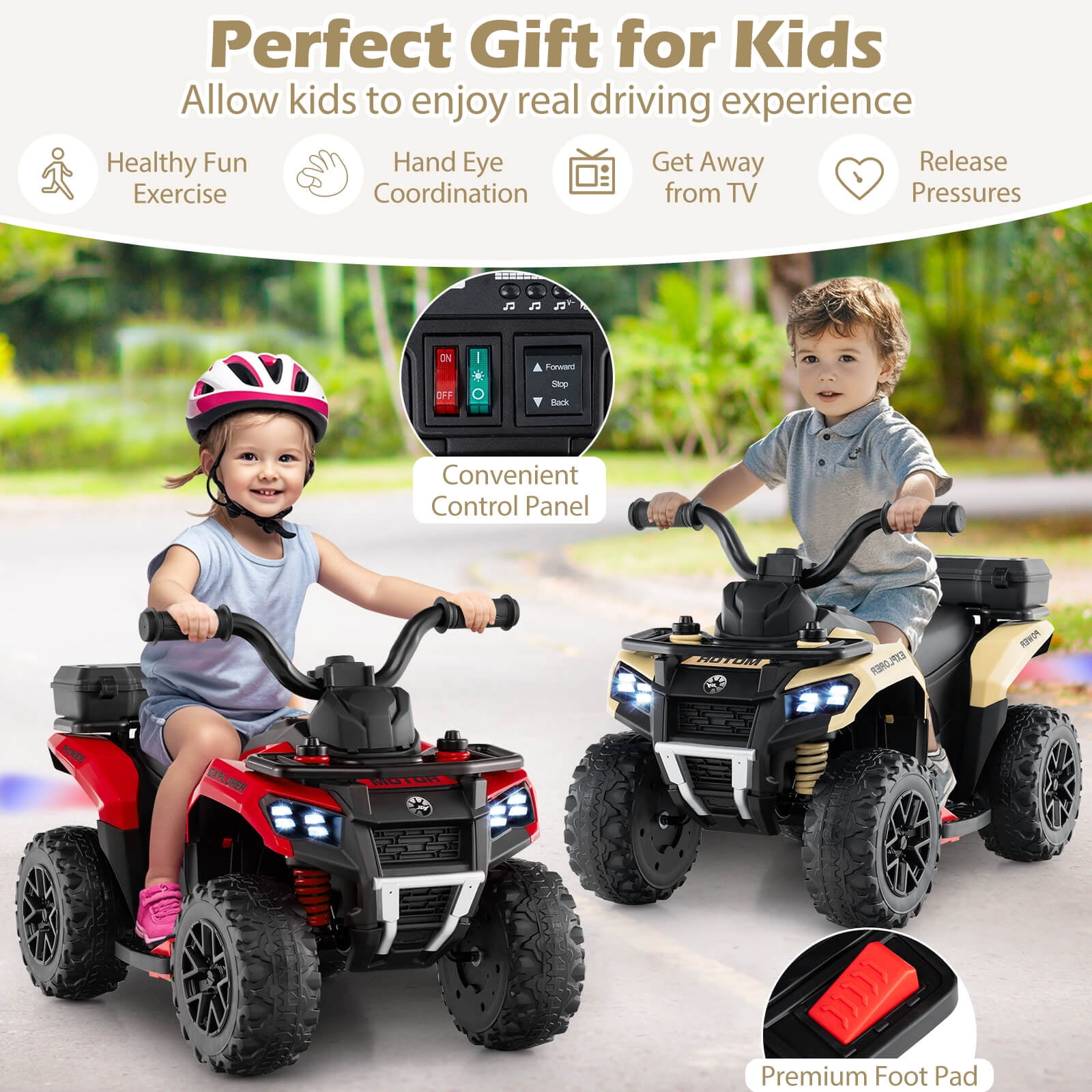 Infans 6V Kids Ride On ATV w/ Music & Spray Function USB Port Storage Box Toy Car