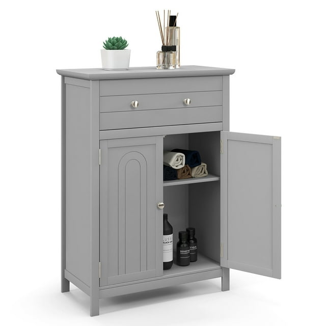 Gymax Bathroom Floor Cabinet Wooden Storage Organizer with Drawer & Doors Blcak