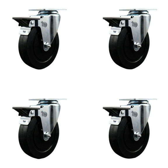 5 Inch Soft Rubber Wheel Swivel Top Plate Caster Set with Posi Brake