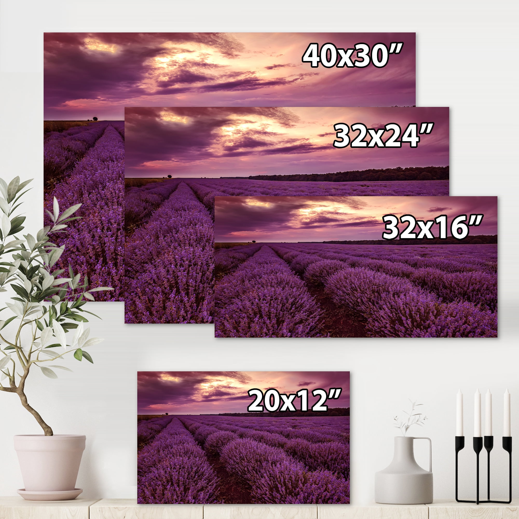 Designart ' Dramatic Clouds and Sunrise Over Lavender Field III ' Farmhouse Canvas Wall Art Print