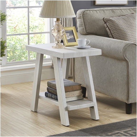 White Modern End Table with Lower Shelf, Contemporary Side Table for Living Room, Bedroom, or Office