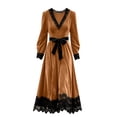 thumbnail image 5 of Ygbgbb Women's Long Sleeve V‑Neck Midi Dress, Lace Trim Bow Waist Medieval Gothic Dress for Halloween Cosplay Themed Parties Brown XL, 5 of 5