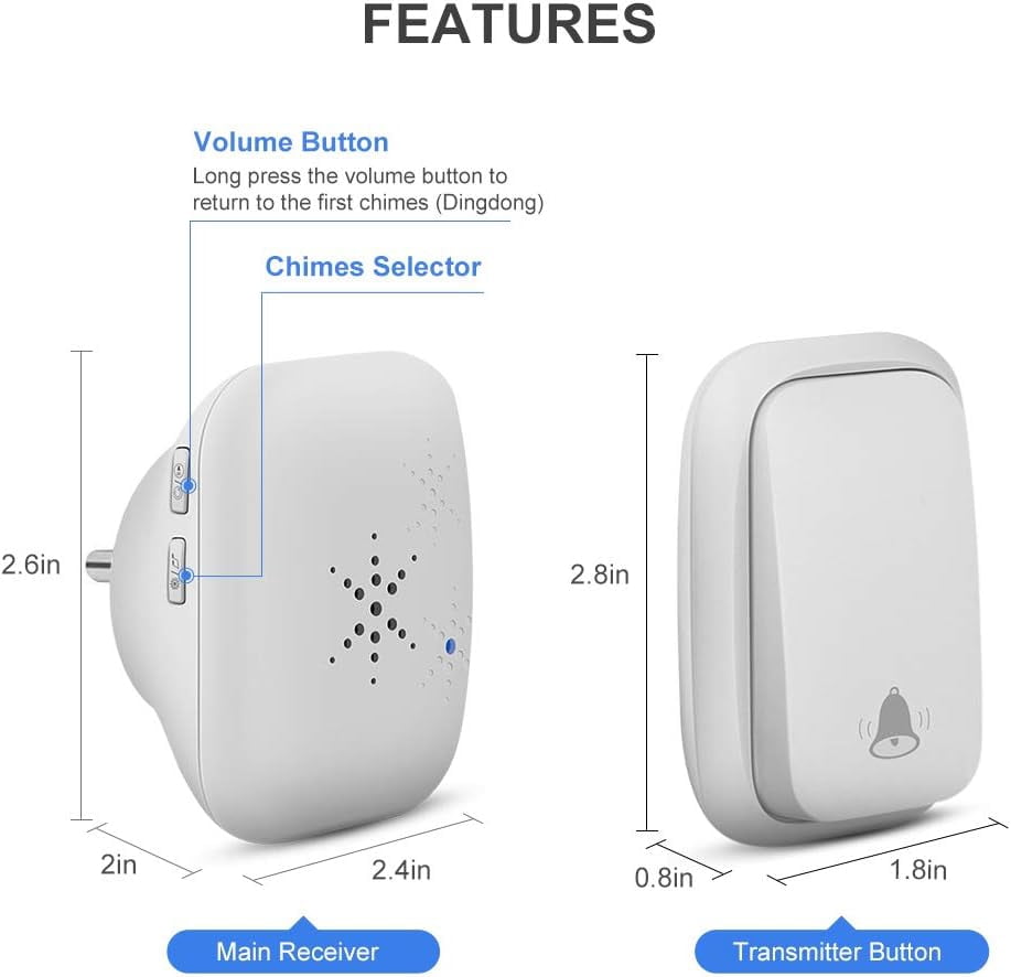 Self-Powered Doorbell, PDGROW Wireless Doorbell No Battery Required Cordless Door Chime Kit Push Button Waterproof at 500-feet Range with 38 Chimes, 4-Level Volume & LED Flash