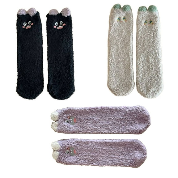 AUQ 3Pairs Socks Plush Fuzzy Socks for Maximum Warmth,Charming Animal Design Long Socks for Home and Office,Non-Slip Long Socks for Cozy Comfort,Style1