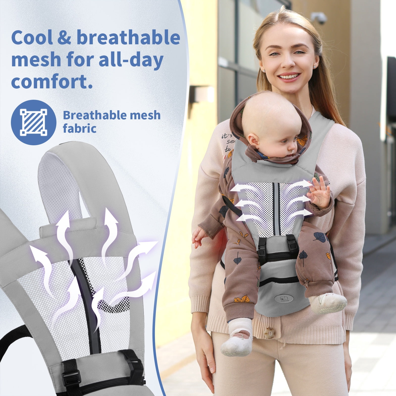 Babyltrl 6-in-1 Baby Carrier with Hip Seat,Ergonomic Infant Carrier Backpack,Breathable Wrap Seat for Newborn Toddlers up to 44 lbs,Gray