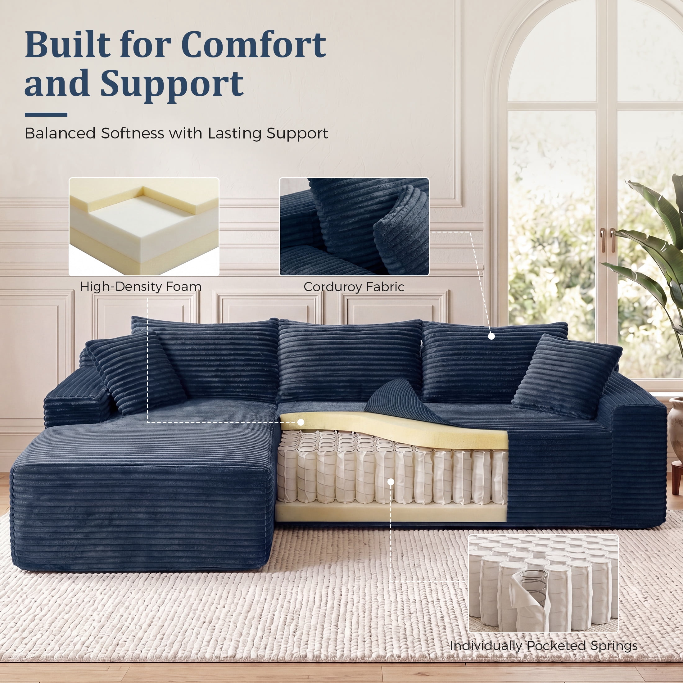 Aenkyo 95 Inch Corduroy L-Shaped Modular Sectional Sofa, Left Chaise, Blue