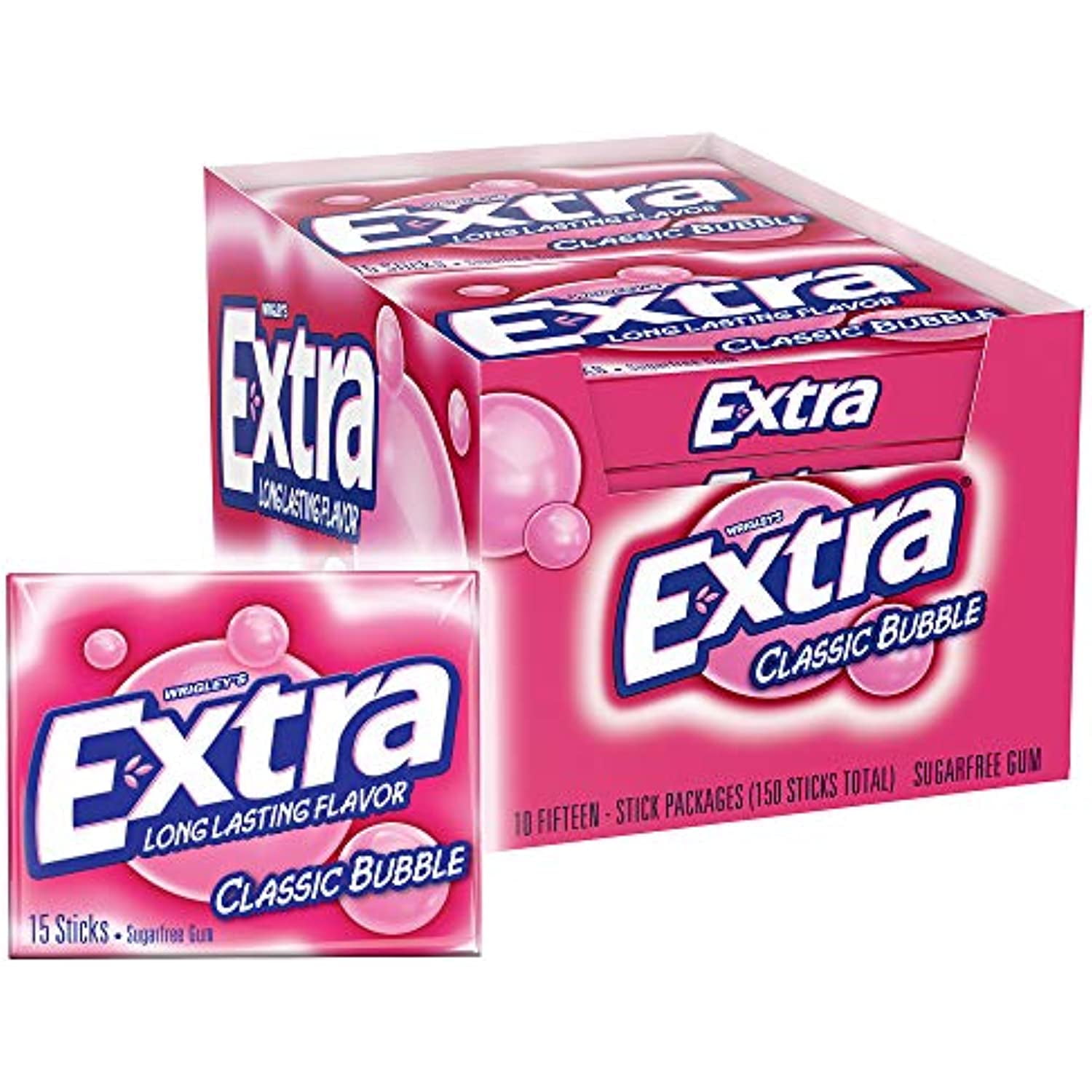 Extra Classic Bubble Sugar Free Chewing Gum, 15 Count (Pack Of 10)