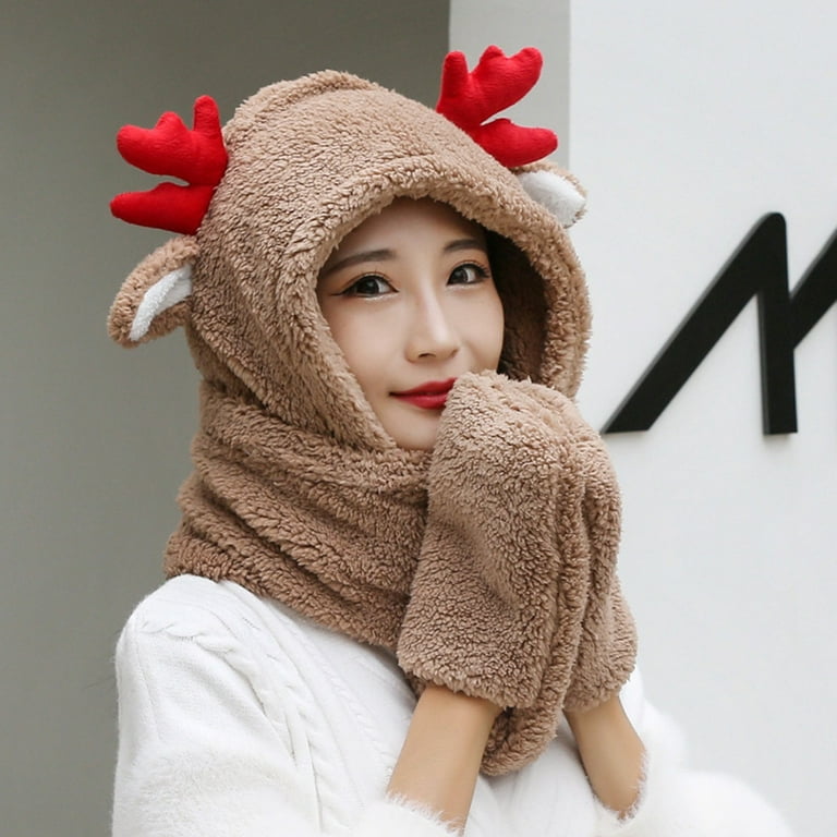 Women Cute Cartoon Thick Hat Ear Protectors Warm Plush Hat Scarf