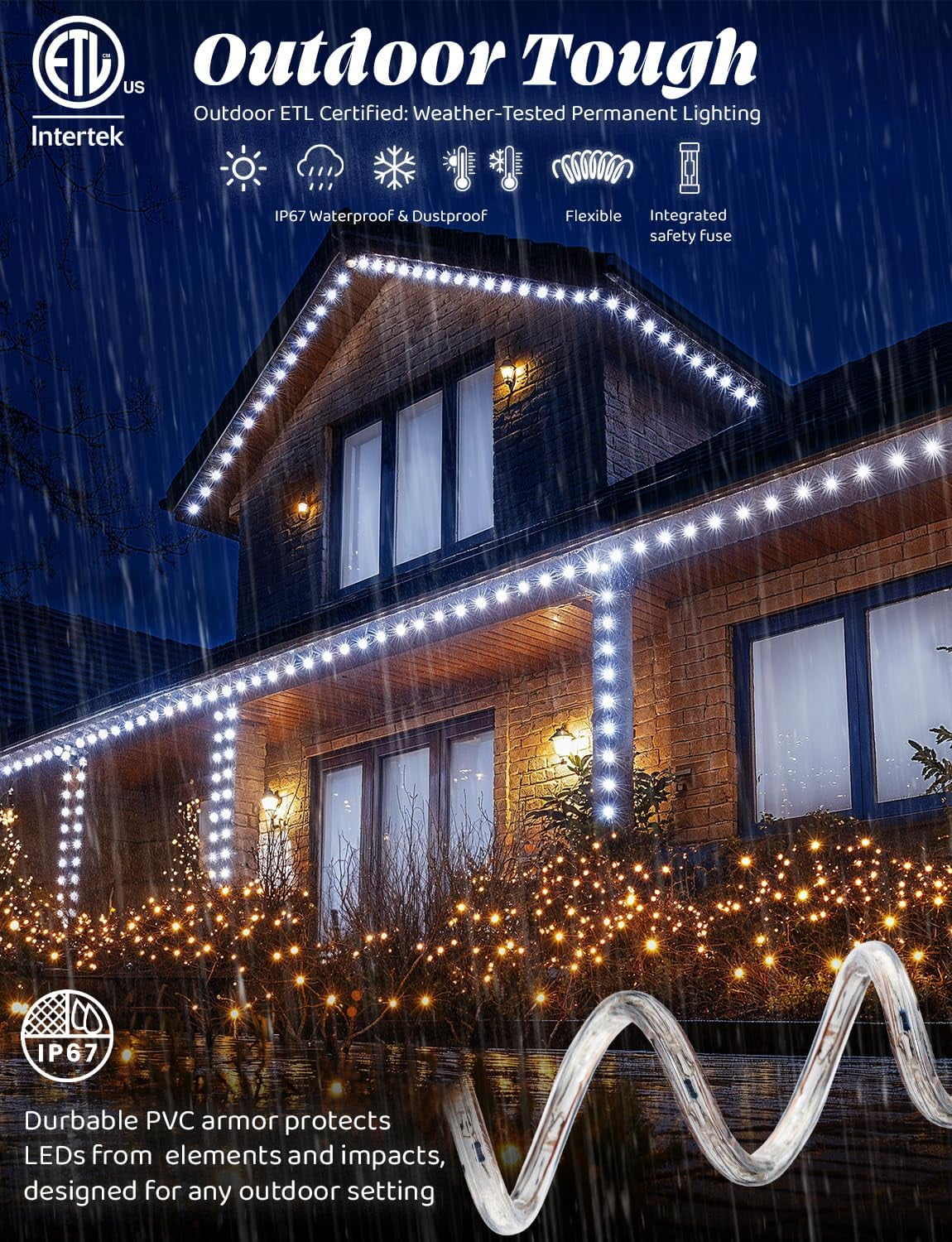West Ivory - 190LEDS,Cool White 3/8" LED Rope Lights with 8 Lighting Modes Controller, IP65, Linkable