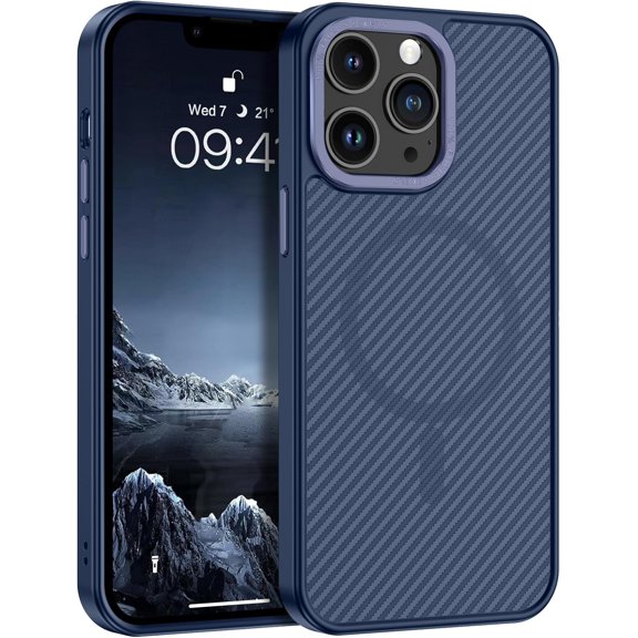 Case for iPhone 13 Pro Max 6.7-Inch,  [Compatible with Magsafe] Carbon Fiber Support Wireless Charging Men Women Slim Shockproof Protective Phone Cover, Blue
