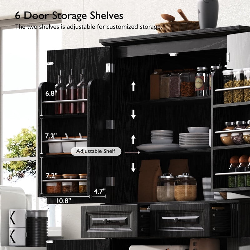 Farmhouse Kitchen Pantry Cabinet with 3 Pull Out Cabinet Organizers, Tall Kitchen Storage Cabinet with 2 Drawers, Freestanding Kitchen Cupboard with 6 Door Shelves