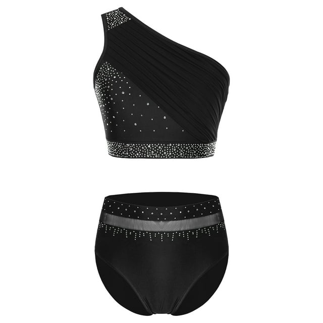 Aislor Women Rhinestone Gymnastic Leotard Dance Tracksuit Rhythmic Competition Bodysuit with Brief 2PCs Outfits Black XXL