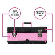 Pink Power Pink Tool Box for Women - 18 Small Metal & Plastic Portable Lightweight Pink Locking Empty Toolbox Chest - Craft Tote Storage Tool Case Organizer for Ladies Pink Tool Set Kit