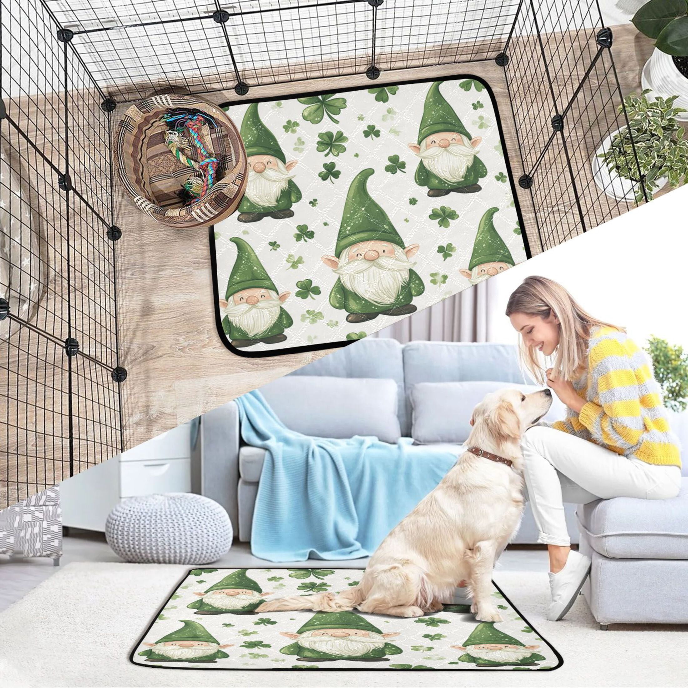 Qxltty Pattern Of Dwarf in Green Hat Cat litter Pads Pet Set of 2 Diaper Mats Center Anti-leakage Layer Absorbent Soft and Comfortable