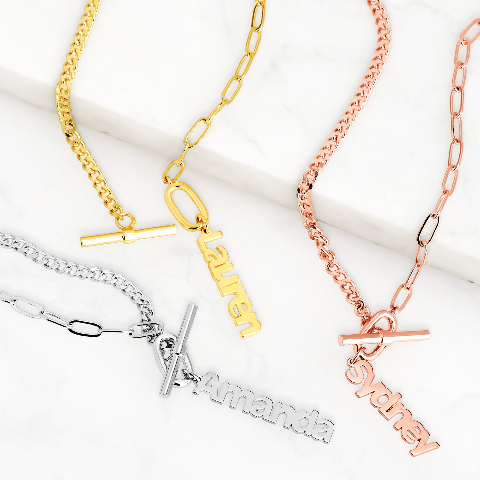 Personalized Planet Women's Mixed Chain Vertical Name Toggle Necklace