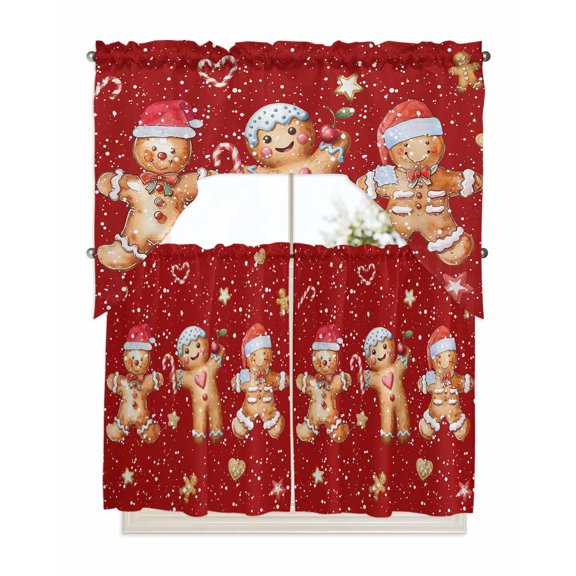 Christmas Gingerbread Man Kitchen Curtains Swag Valance and Tier Curtains Set 36 Inch Length, Winter Xmas Watercolor Candy Red Rod Pocket Drape Panels Pair Swag Curtains for Bathroom/Cafe/Window