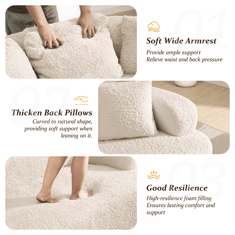 ATHOPE 86" Curved Cloud Couch, Boneless Sofa for Small Space, Plush Teddy Fabric Modern Couch with 3 Throw Pillows, Comfy Floor Love Seat for Living Room, Bedroom, White