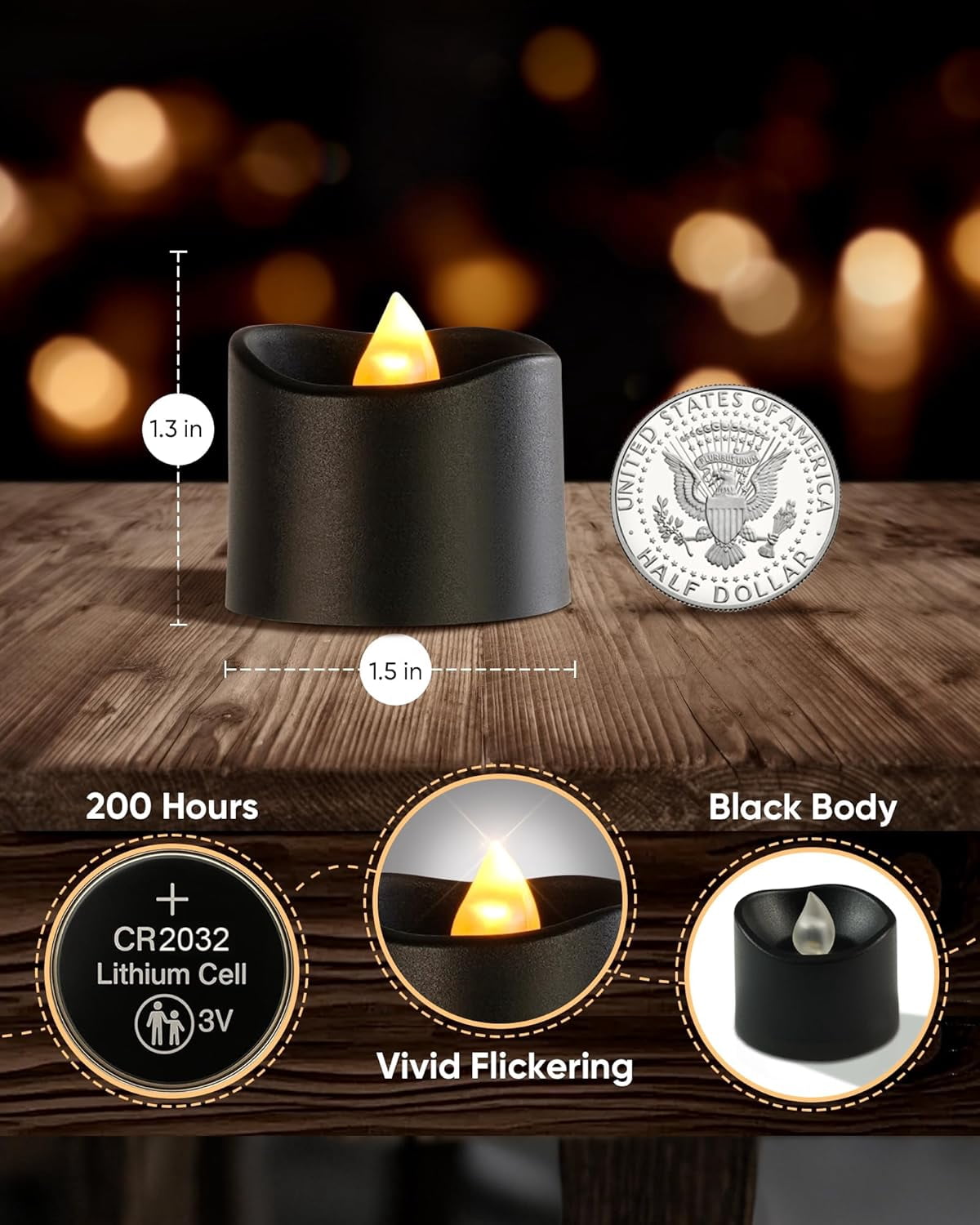 Homemory Black Tea Lights Candles Battery Operated, 24-Pack Flameless Votive Candles, 200+Hours Flickering LED Candles Colored Tealights Candles for Halloween, Holiday Decor, Theme Party, Table Decor