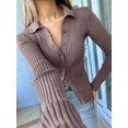thumbnail image 4 of Women'S Casual Simple Solid Color Long Sleeve Shirt Wool Top Button Striped Lapel Work Shirt Camel XL, 4 of 6