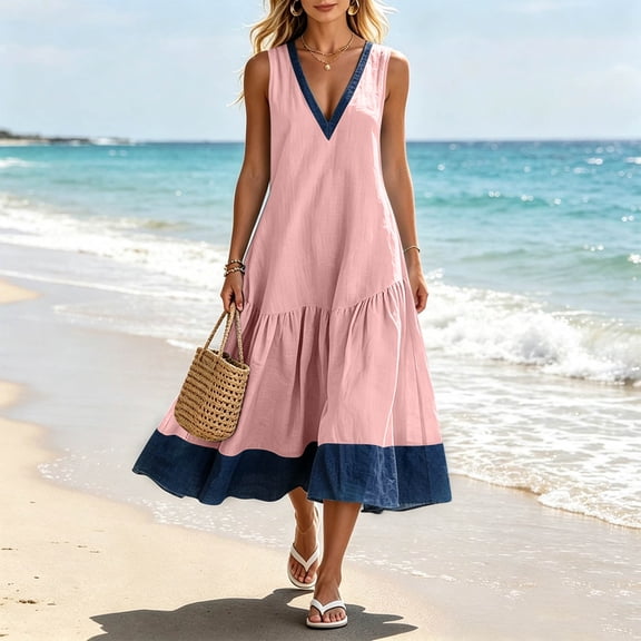 Oksale Flowy Dresses for Women Trendy Denim Print Deep V Neck Tank Dress with Pockets Loose Cozy Midi Vacation Dresses Pink M
