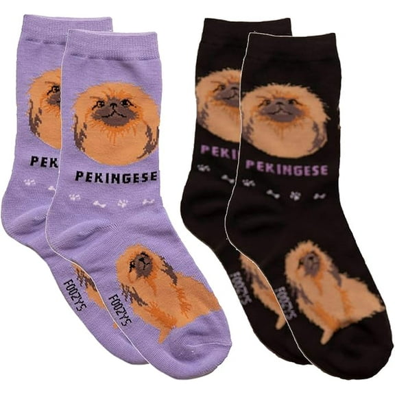 Foozys Unisex Crew Socks | Canine Small Dog Breed Novelty Socks (2 Pair) (Pekingese)